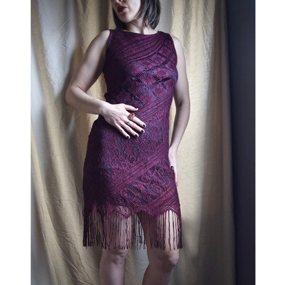 Vintage 90s Crochet Fringe Stretch Midi Dress Sleeveless - Picture 1 of 4